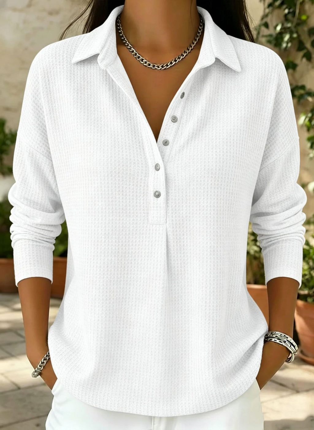 Waffle-weave Relaxed-fit Lapel Long-sleeve Solid-color Button-up Shirt by Ricaloux