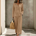 Womens Casual Buttoned V-Neck Long-Sleeve Top And Pants Set by Ricaloux