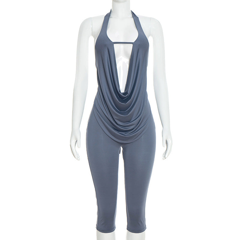 Womens Solid-color Spicy-chic Slimming Draped-neck Halter Set by Ricaloux