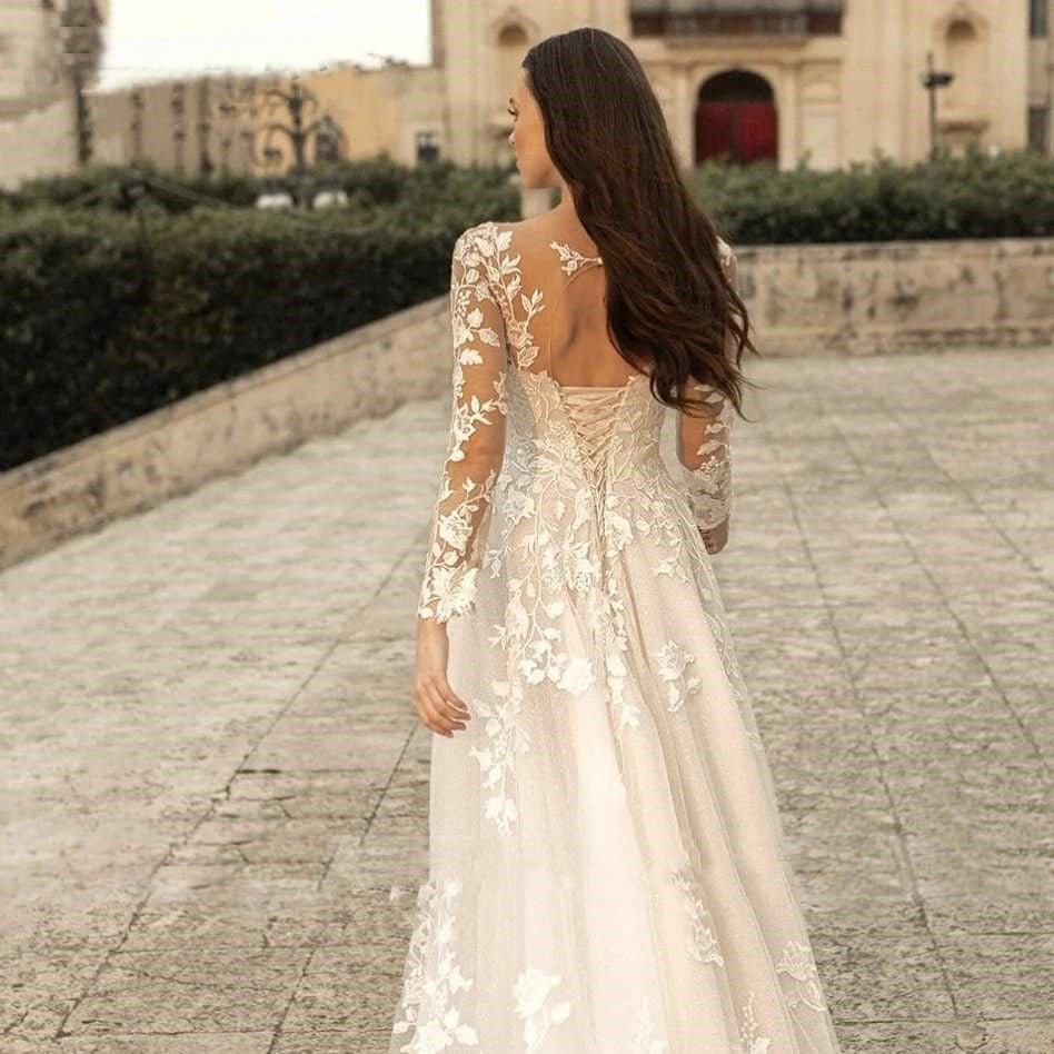 Long Sleeve Wedding Dress Mori Style Bridal Simple Round Neck - RICALOUX