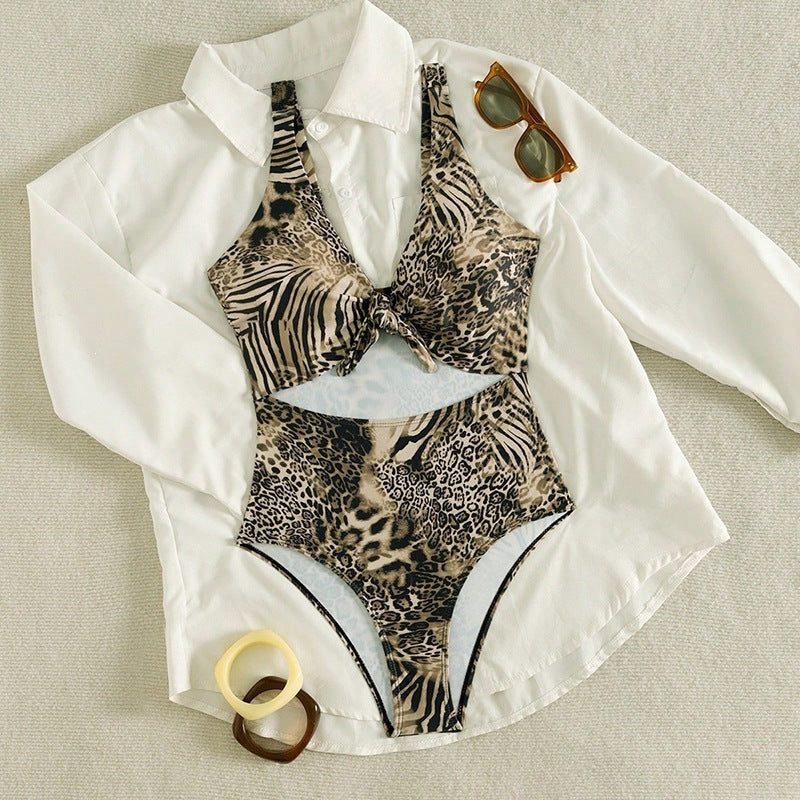 European And American Leopard-print Midriff-baring One-piece Swimsuit by Ricaloux