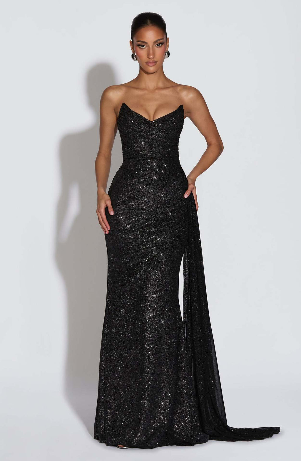 European And American-style Shimmering Strapless Waist-cinching Maxi Evening Gown With Crisscross Detailing by Ricaloux