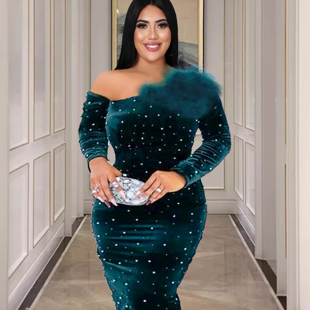 One-shoulder Long-sleeved Sequin Party Banquet Dress Velvet Large Women's Dress - RICALOUX