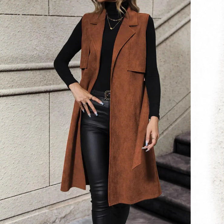Electric Flip Collar Buckle Free Waist Belt Lace Up Long Vest by Ricaloux
