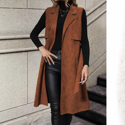 Electric Flip Collar Buckle Free Waist Belt Lace Up Long Vest by Ricaloux