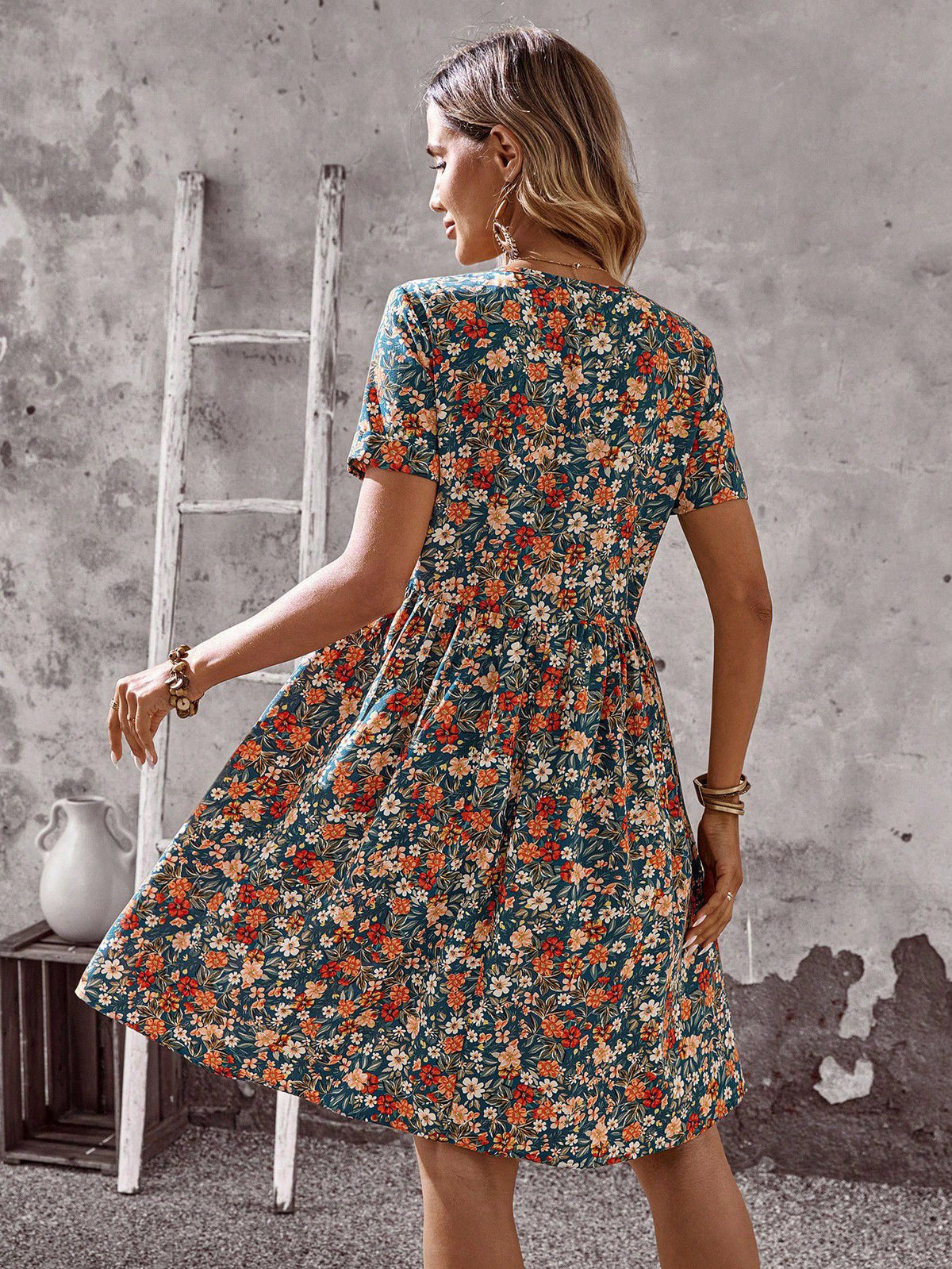 Women's V-Neck Short Sleeve Floral Print Ruffled Hem Mini Dress - Casual Boho Flared Swing Dress, Summer Dress For Women by Ricaloux