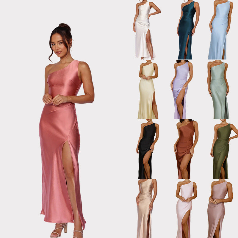 Irregularly Slit Solid-Color Long Dress by Ricaloux