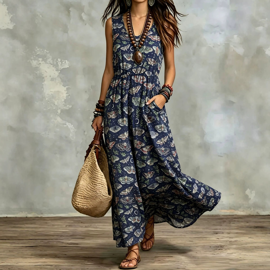 Elegant Sleeveless Printed Long Dress With Pockets by Ricaloux