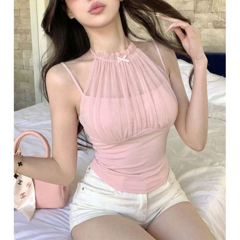 Mesh-Panel Halter Vest Camisole Womens Summer Sleeveless Top – Premium 0 | RICALOUX