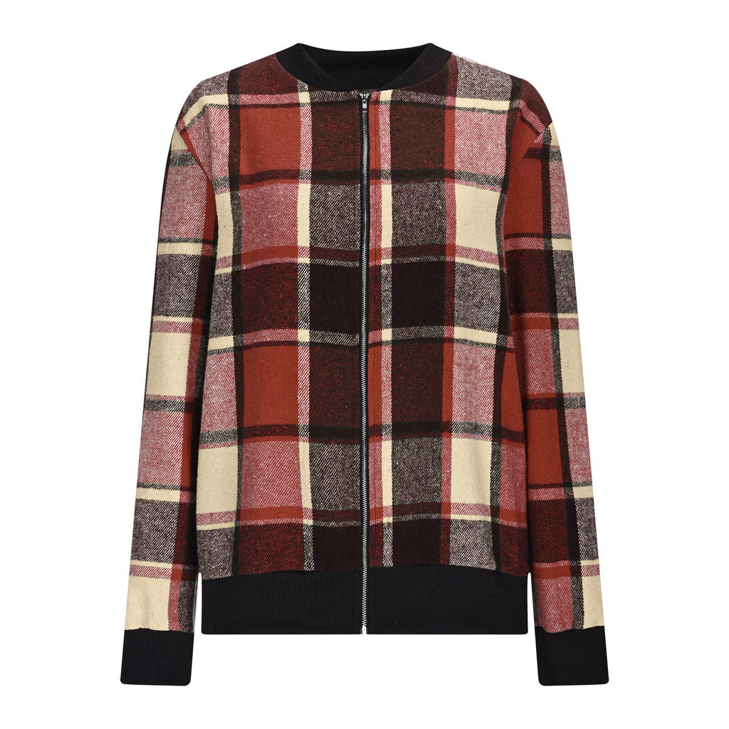 Womens Plaid Printed Long-Sleeve Zip-Up Jacket – Premium 0 | RICALOUX