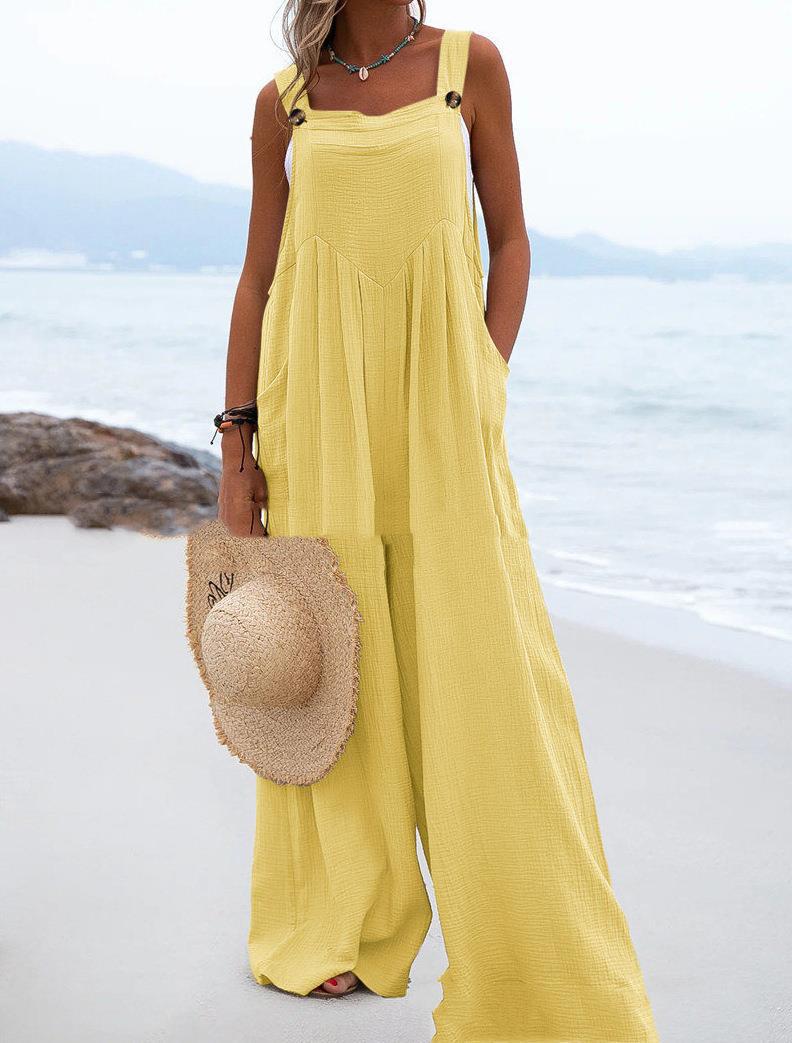 Sleeveless Wide-leg Buttoned Ethnic-style Jumpsuit by Ricaloux