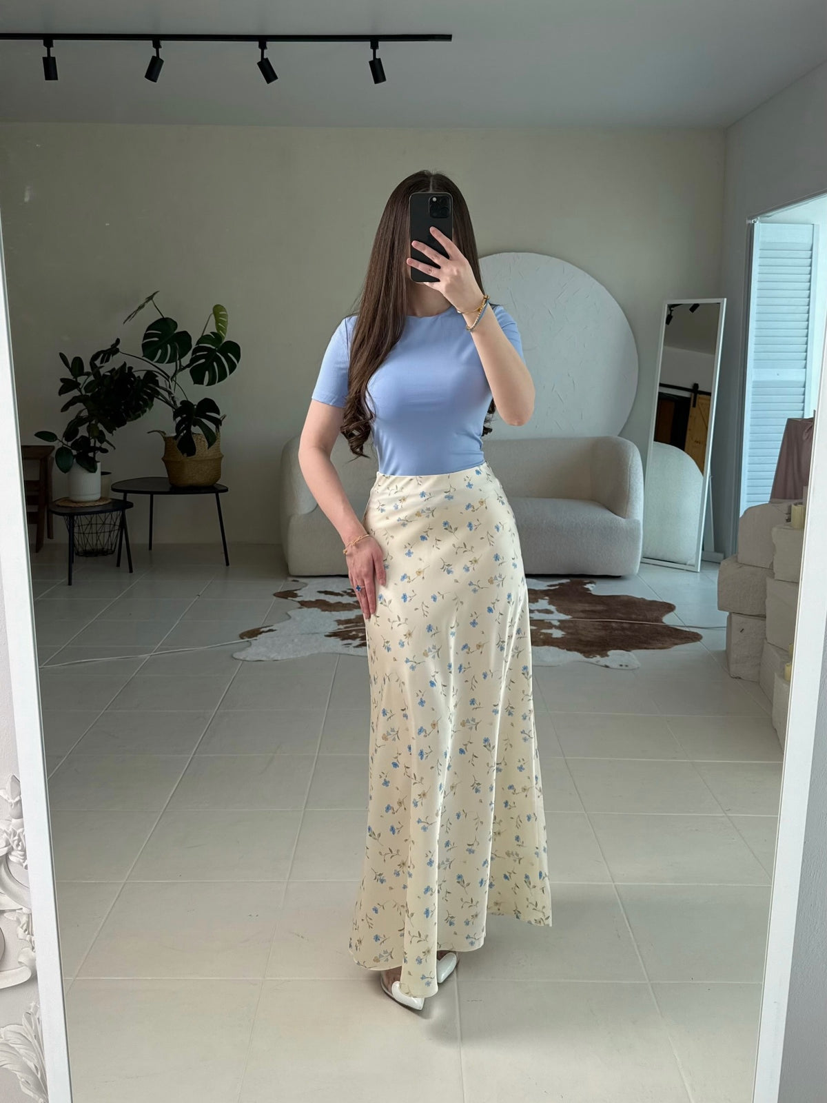 Base Ditsy Floral Print High Waist Satin Mermaid Midi Slip Skirt by Ricaloux
