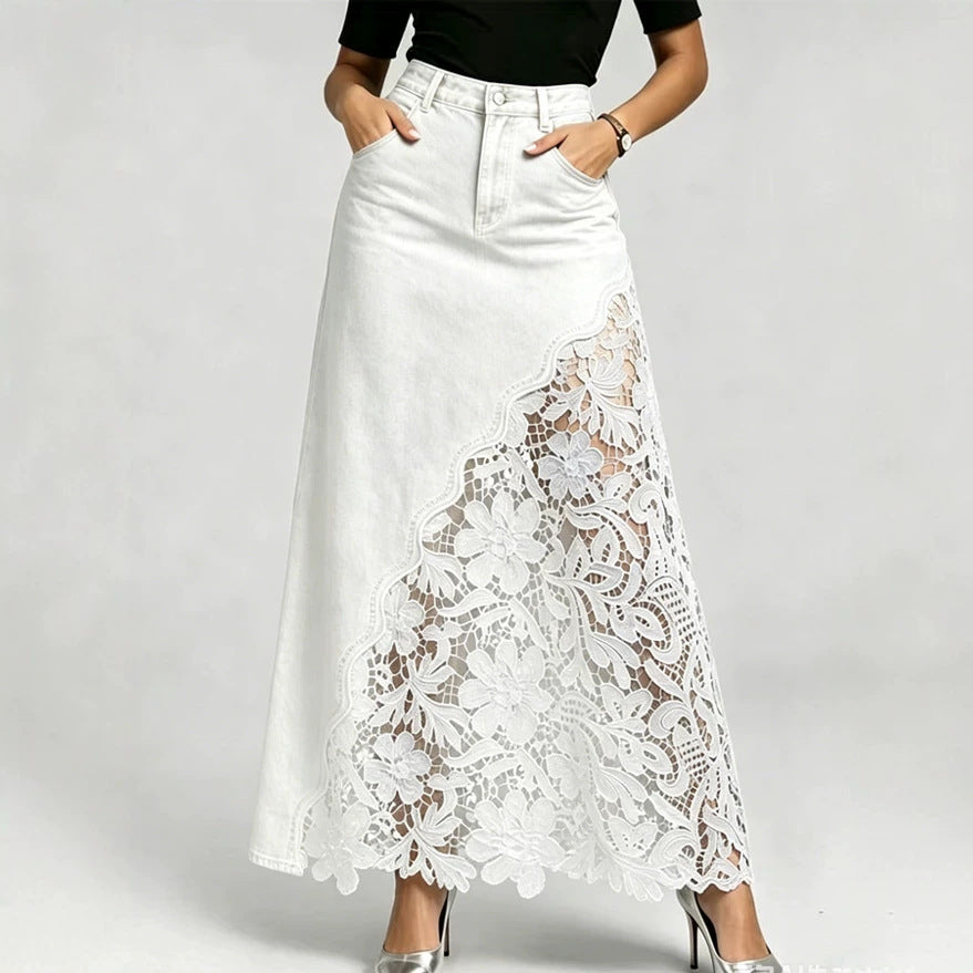 Washed Denim Lace-Panel Long Bodycon Skirt by Ricaloux
