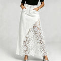 Washed Denim Lace-Panel Long Bodycon Skirt by Ricaloux