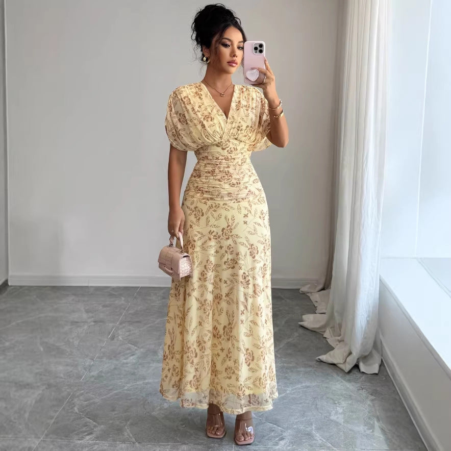 Womens Casual Floral-print V-neck Puff-sleeve Dress by Ricaloux