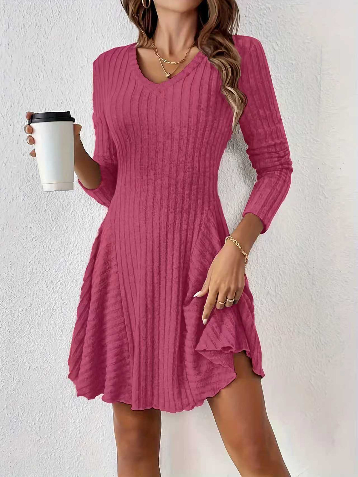 Women's V-Neck Long Sleeve Ribbed Knit Ruffle Hem Mini Dress - Casual Bodycon Flared Swing Dress, Multiple Colors Available by Ricaloux