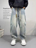 Patchwork Vintage Washed Loose Straight-leg Pants American-style Edgy And Cool Sabre-cut Trousers by Ricaloux