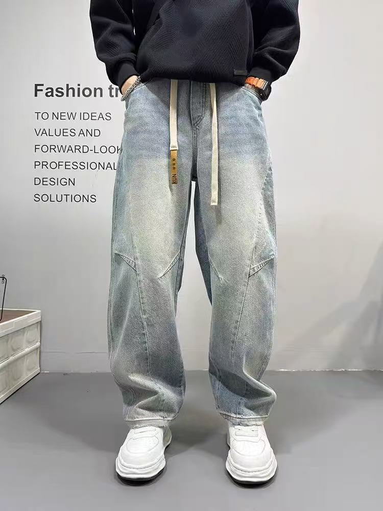 Patchwork Vintage Washed Loose Straight-leg Pants American-style Edgy And Cool Sabre-cut Trousers by Ricaloux
