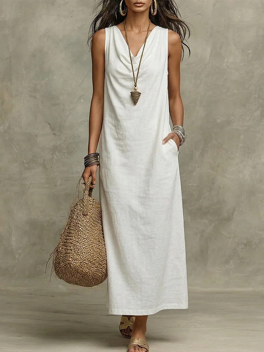 Women's Sleeveless Cowl Neck Maxi Dress With Pockets - Casual Loose Vacation Dress, Multiple Colors Available by Ricaloux