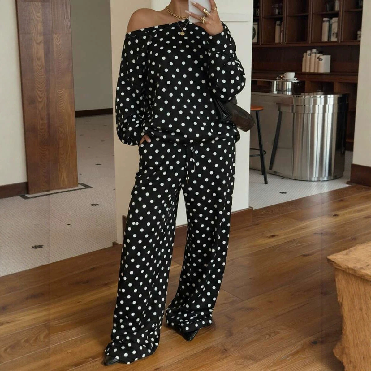 Polka-dot Print Long-sleeve Pants Casual Loose-fitting Set by Ricaloux