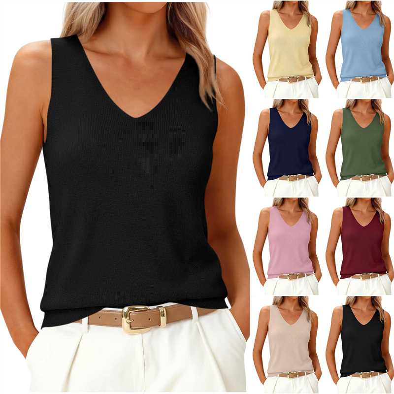Summer V-neck Knitted Camisole Vest For Women, Solid Color Slim Fit Sleeveless Base Shirt, Versatile Inner Top – Premium 4 | RICALOUX