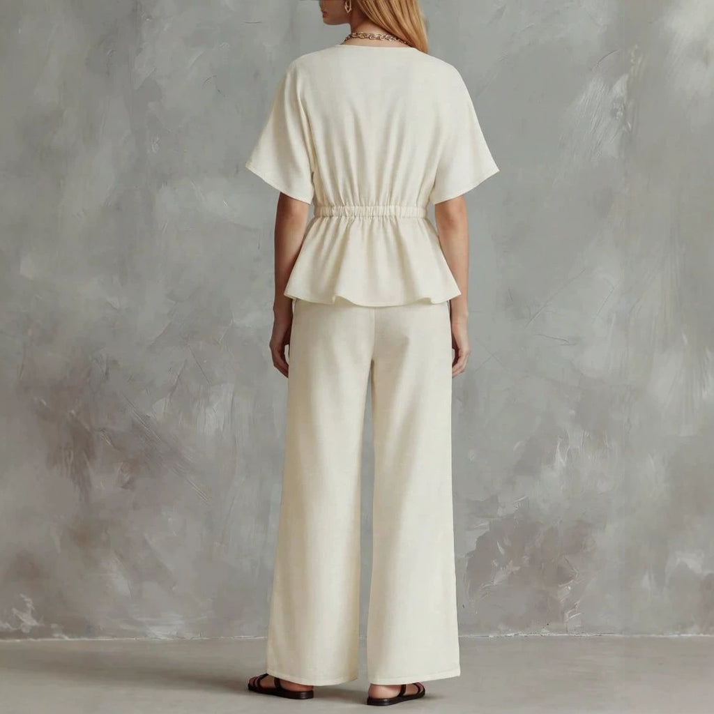 Womens V-neck Cinched-top And Wide-leg Pants Two-piece Set by Ricaloux