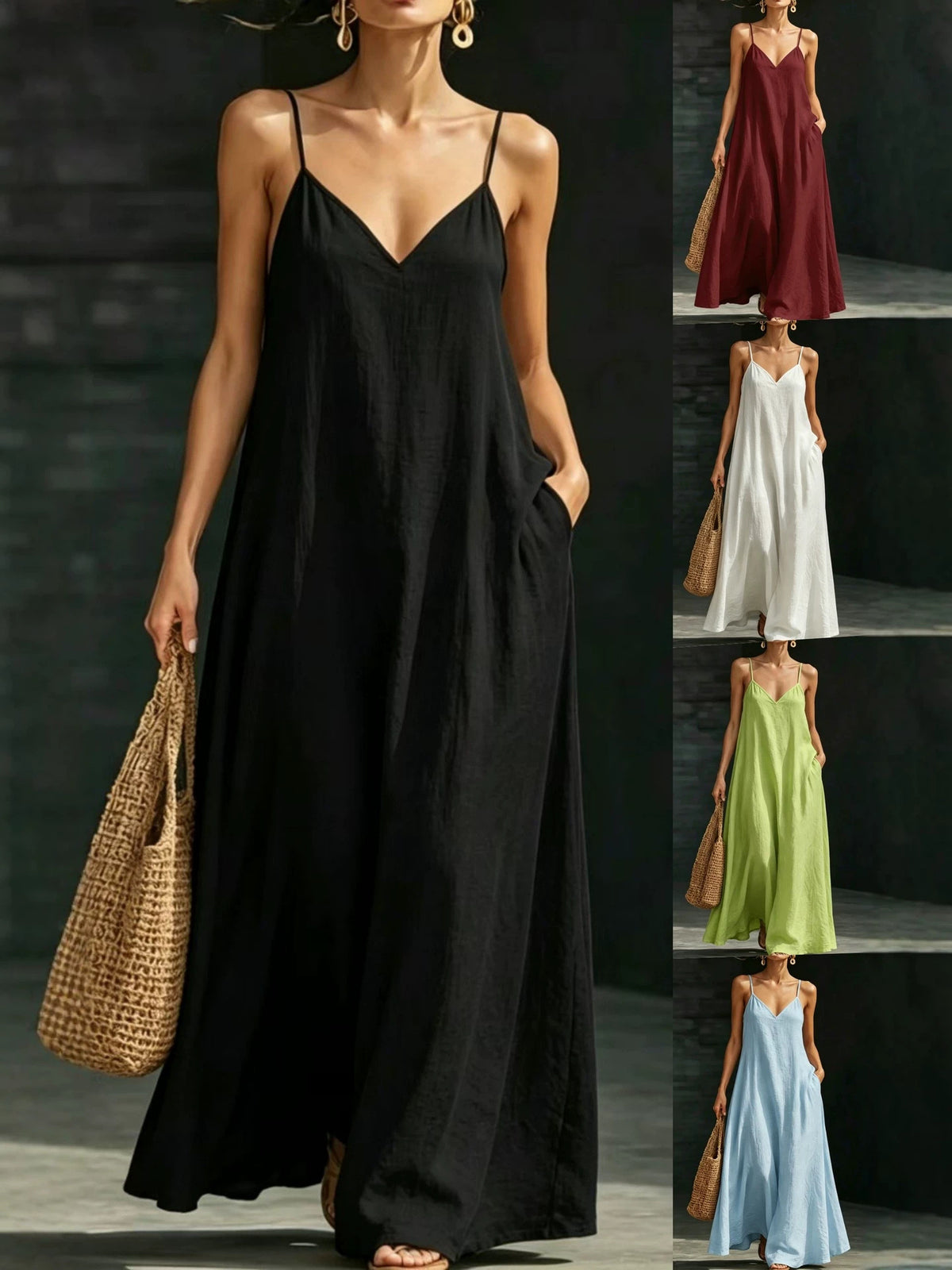 Summer V-Neck Spaghetti Strap Flowy Maxi Dress - Casual Fashion Solid Color Long Dress For Women Vaction Dress – Premium 4 | RICALOUX