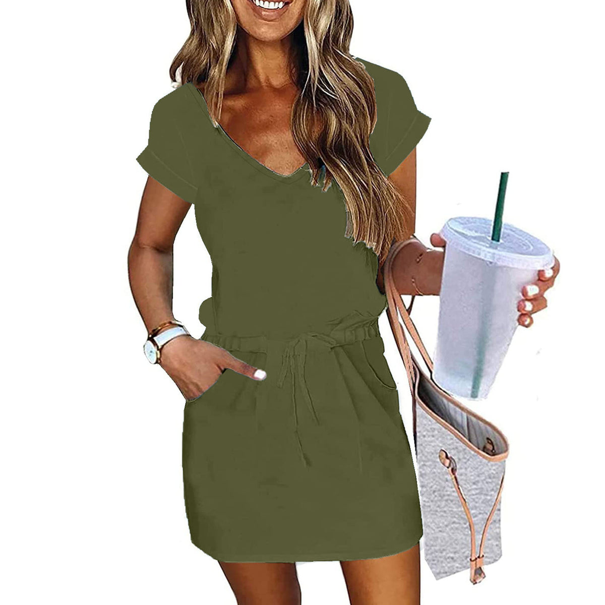 V-neck Short-sleeved Pullover Dress With Drawstring Elastic Waist And Pockets by Ricaloux