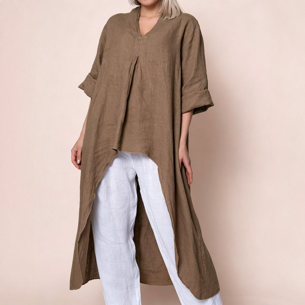 Womens Solid-Color V-Neck Asymmetric Long-Sleeve Shirt by Ricaloux