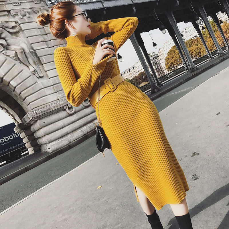 Turtleneck Knitted Split-front Dress – Premium 0 | RICALOUX