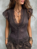 Vintage Tencel V-neck Blouse With Lace Trim – Premium 4 | RICALOUX