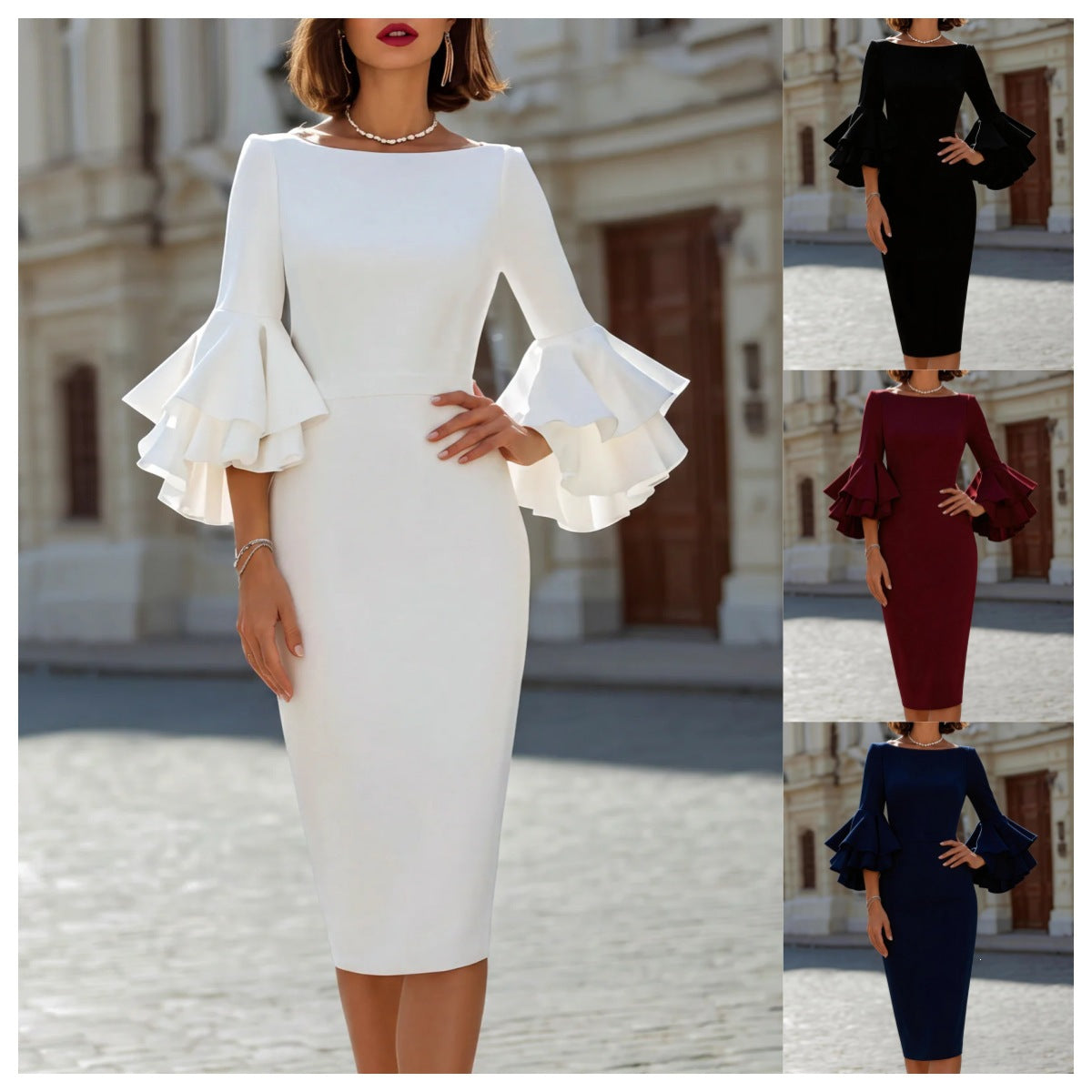 Elegant Sheath Dress With Ruffled Sleeves by Ricaloux