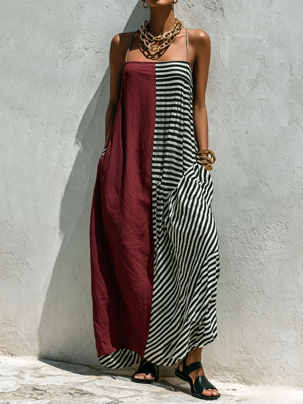Printed Striped Strap Sleeveless Long Dress by Ricaloux
