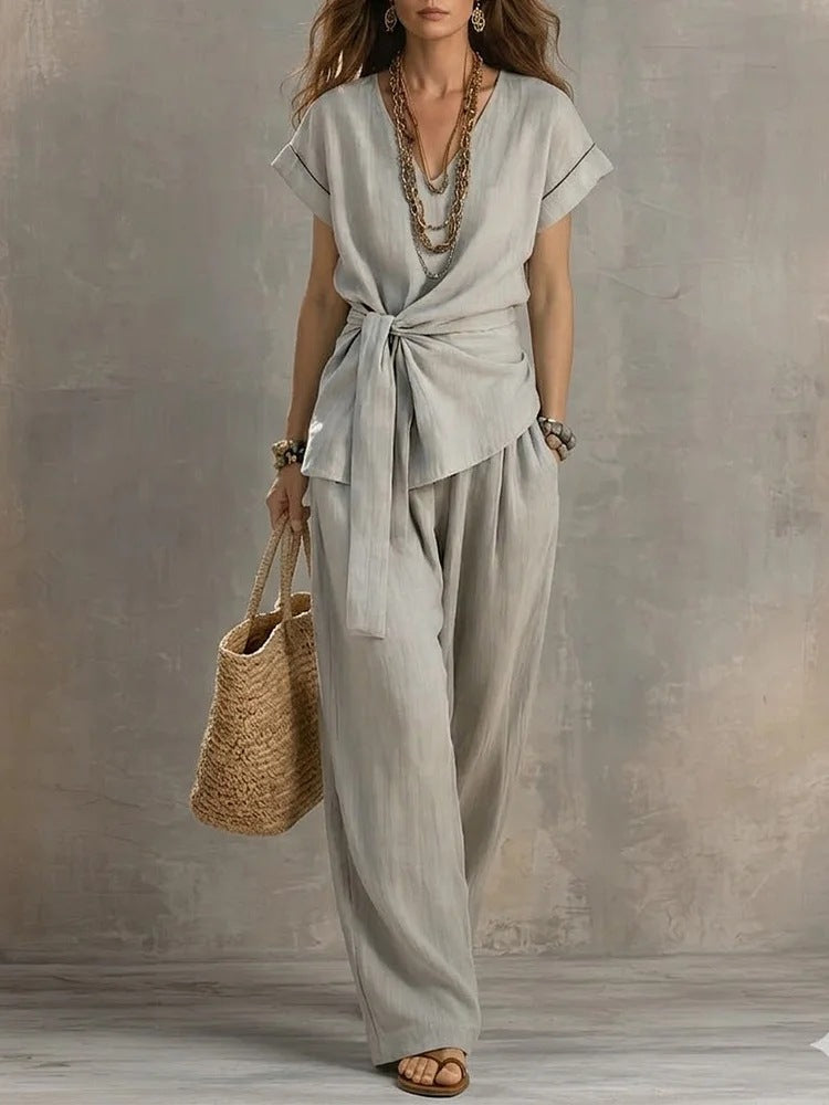 Waist-cinched V-neck Top And Solid-color Casual Pants Set – Premium 0 | RICALOUX