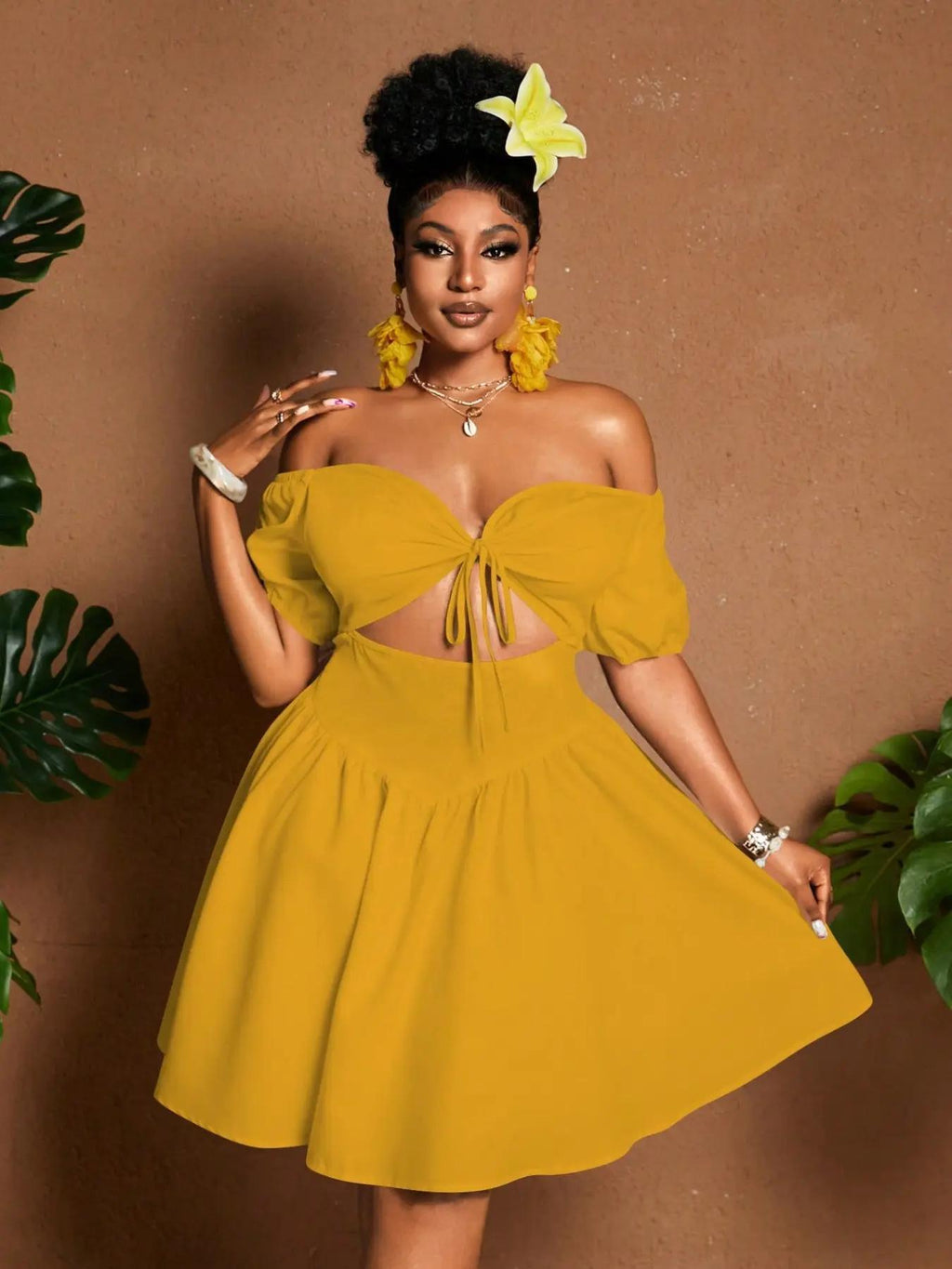 Womens Solid-color Plus-size Off-shoulder Midriff-baring Puff-sleeve Dress by Ricaloux