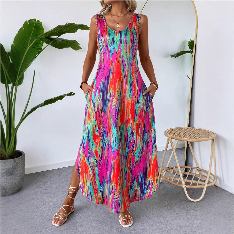 Womens Fashionable Printed Sleeveless Slit Slimming Tank Dress by Ricaloux