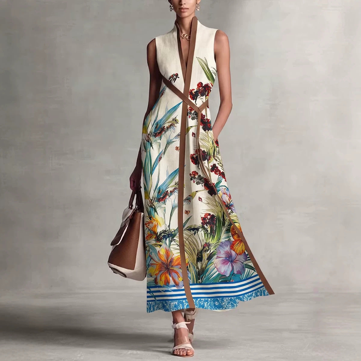 Sleeveless Long V-neck Printed Patchwork Dress by Ricaloux