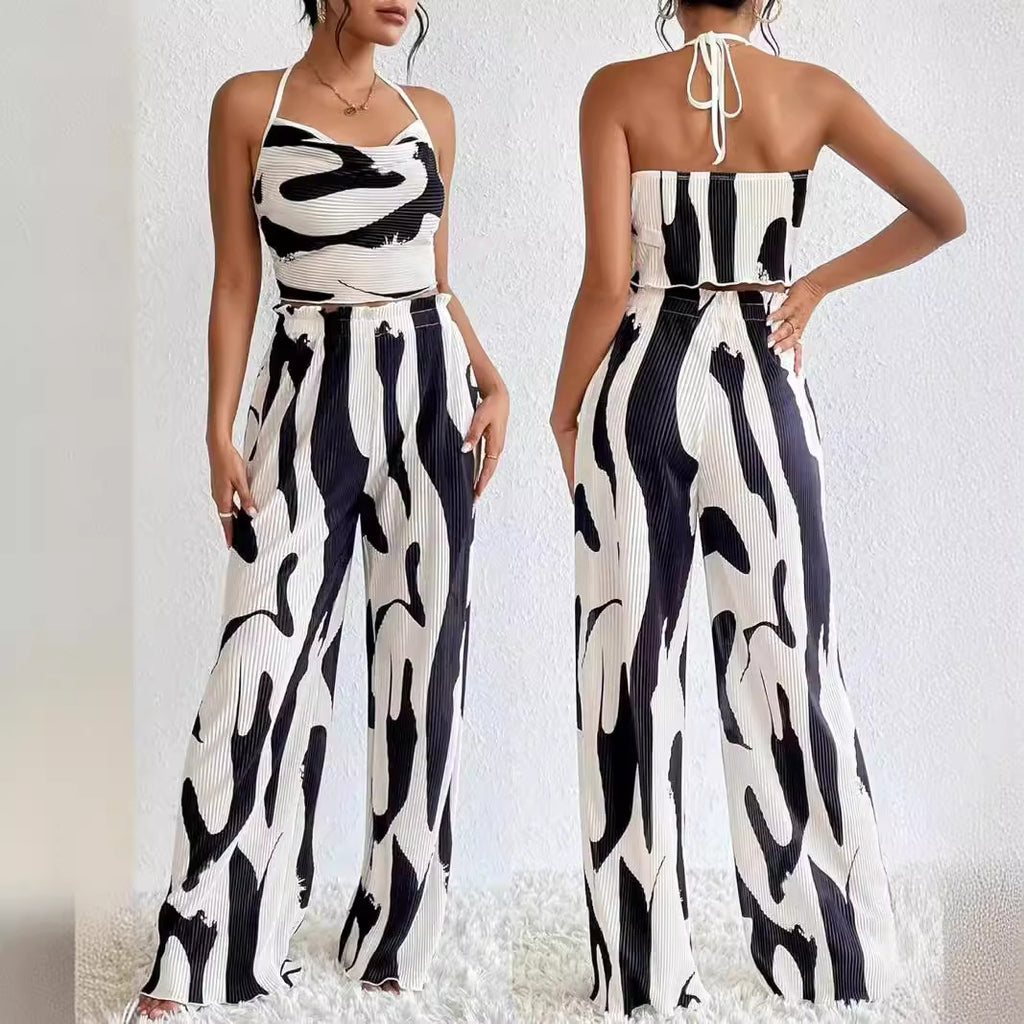 Large-Check Print Halterneck Wide-Leg Pants Casual Set by Ricaloux