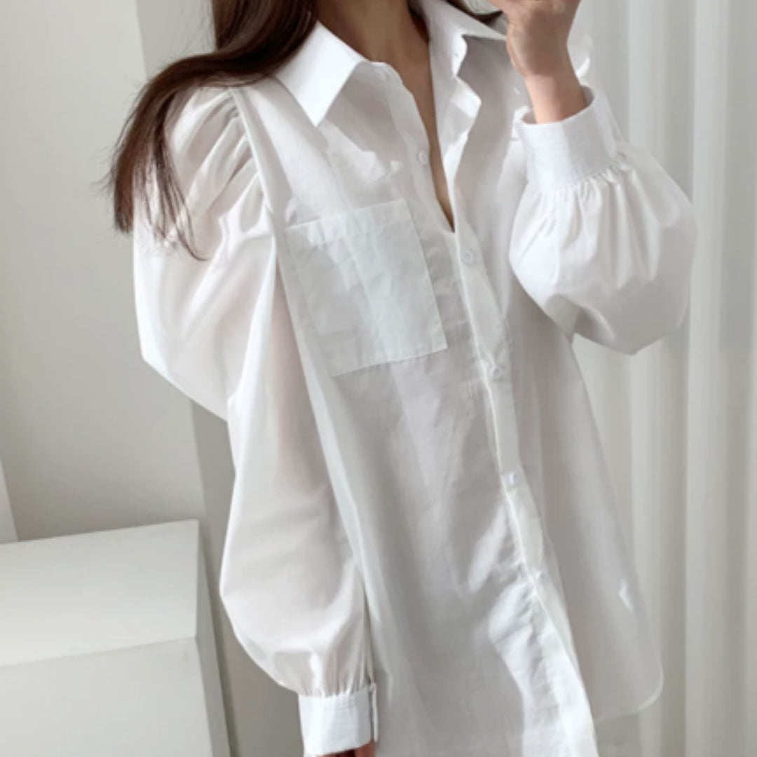 Loose Mid To Long Pleated Design Bubble Sleeve Shirt For Women by Ricaloux