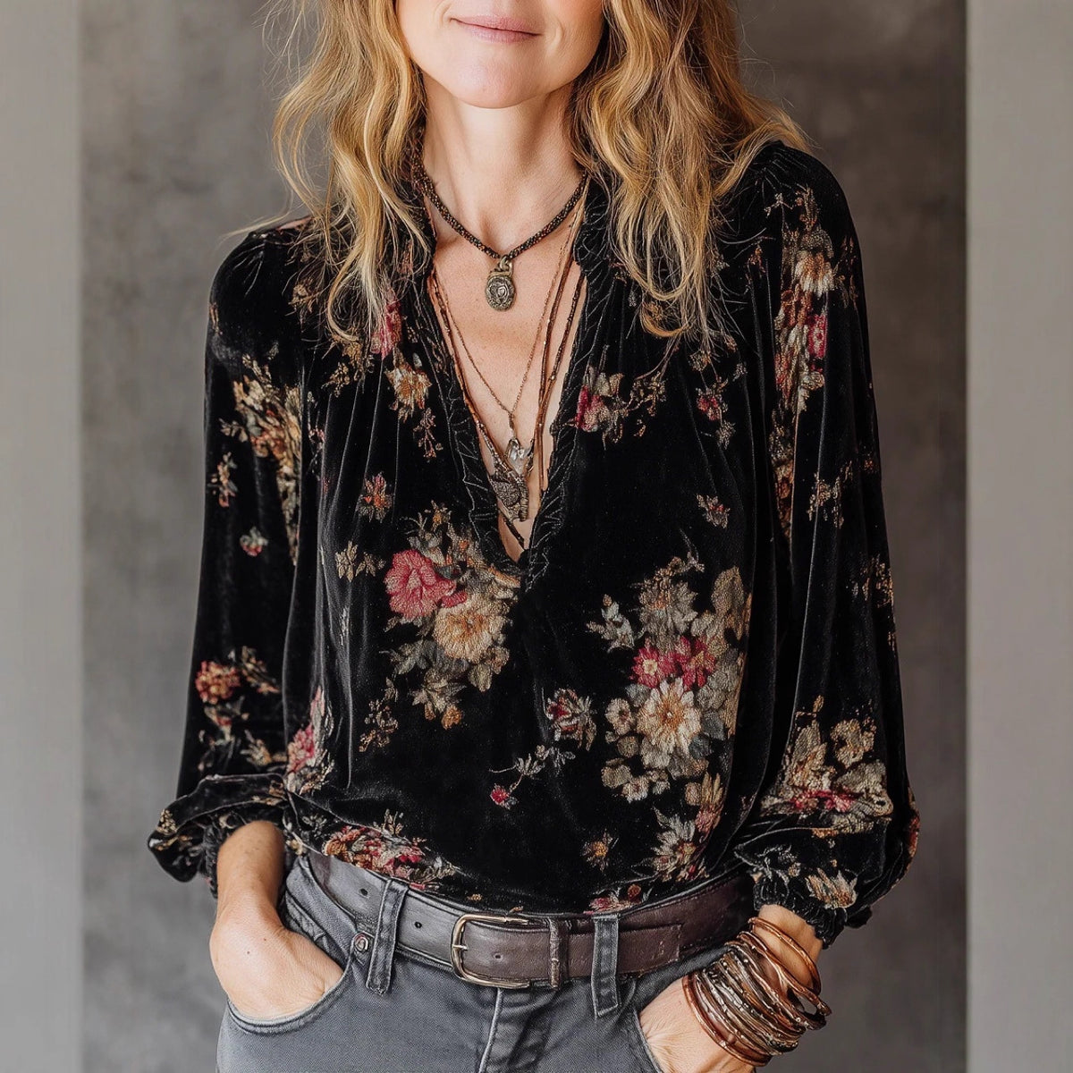 Womens Loose-fitting Long-sleeve Gold Velvet Top by Ricaloux