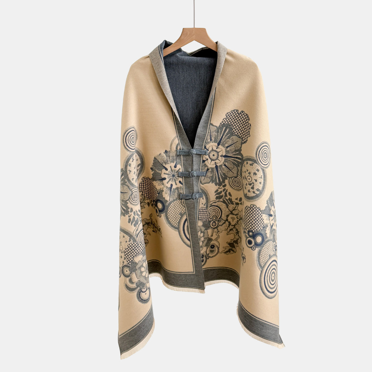 Vintage Knot-button Outerwear Jacquard Shawl by Ricaloux
