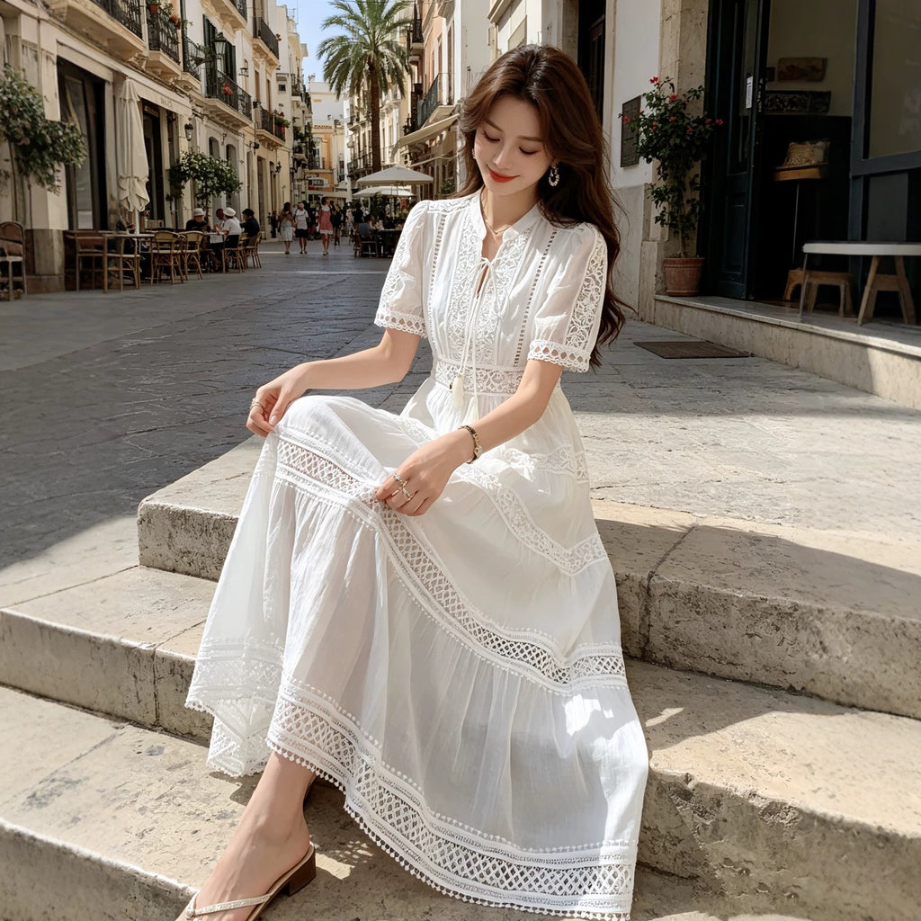 Womens French-style Intricately Crafted Lace Hollow-out V-neck Dress – Premium 0 | RICALOUX
