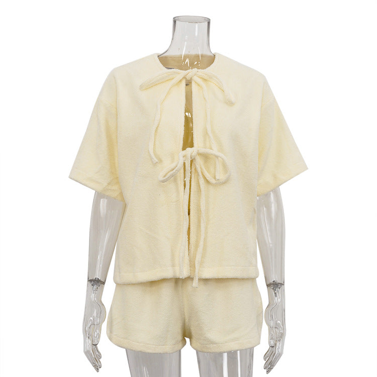 Terry Cloth Tie Front Short Sleeve Jacket & Elastic Waist Casual Shorts 2-Piece Loungewear Set by Ricaloux