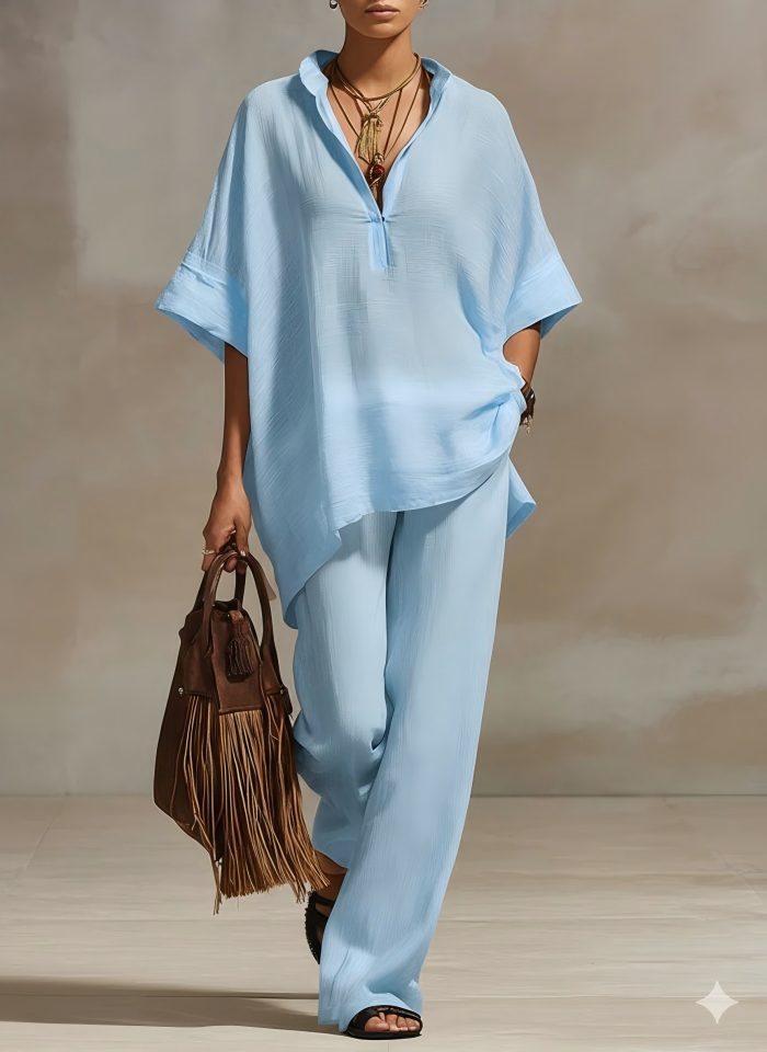 Womens Casual Loose-fitting Solid-color Shirt And Wide-leg Pants Set – Premium 0 | RICALOUX