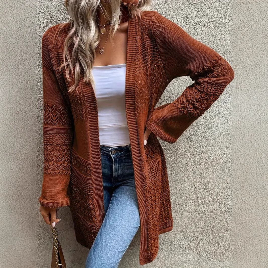 Elegant Mature Solid-color Hollow-out Long-sleeve Plus-size Womens Cardigan by Ricaloux