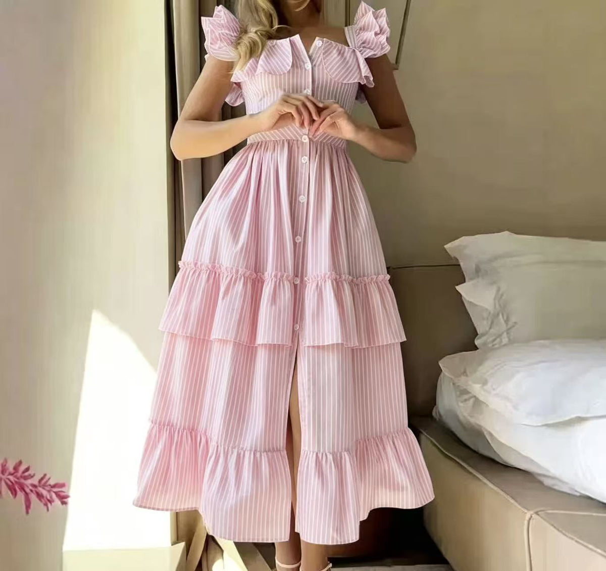 Buttoned Striped Dress With Puff Sleeves And Ruffled Hem by Ricaloux