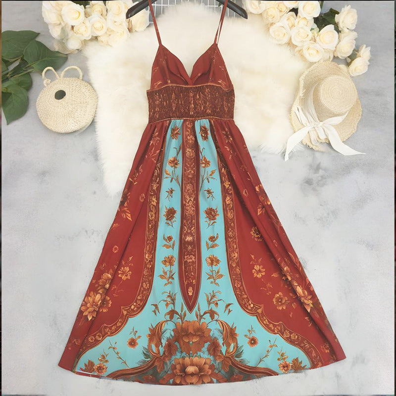 Tube Top Backless Suspender Vintage Printed Long Dress by Ricaloux