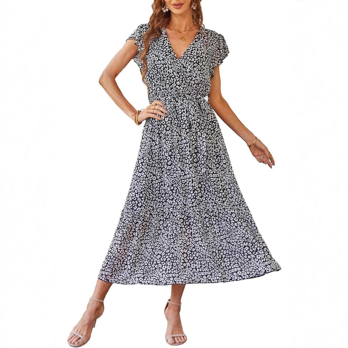 Womens Floral Print Flounce Short-Sleeve Midi Dress – Premium 0 | RICALOUX
