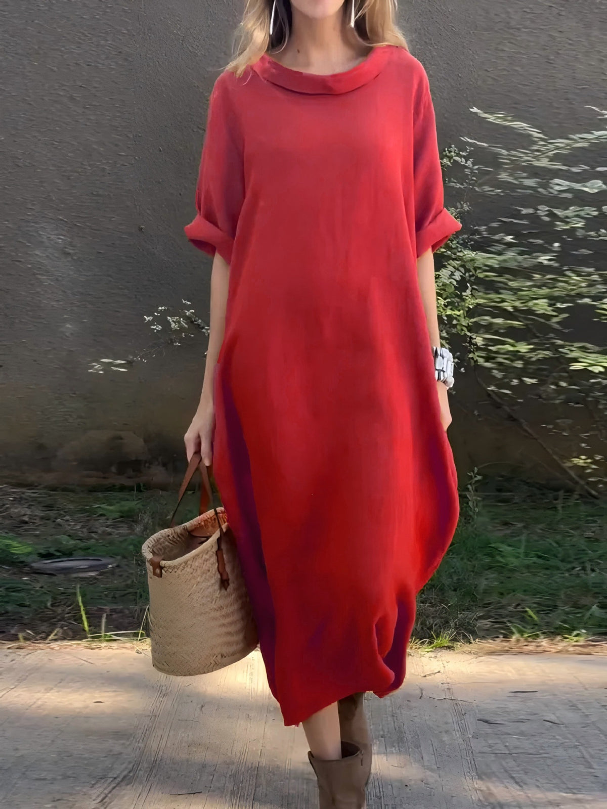 Casual Loose-fitting Round-neck Mid-sleeve Maxi Dress With A Flared Hem – Premium 0 | RICALOUX