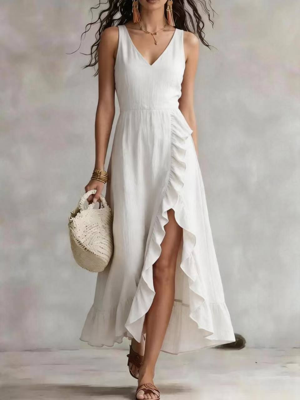 Womens V-neck Sleeveless Flounced Hem Split Dress - RICALOUX